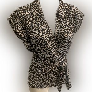 Doncaster Wrap Top Silk Navy Blue White Polka Dot Belt Sash Career XS 2 Stretch